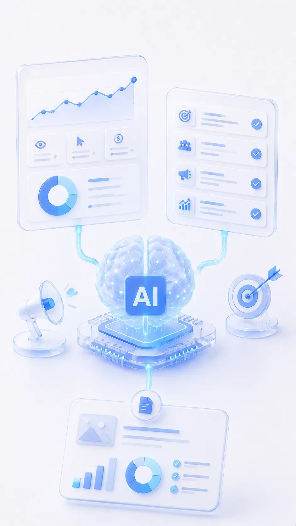 ภาพประกอบระบบ AI ที่ช่วยวิเคราะห์และแนะนำการปรับแคมเปญโฆษณา